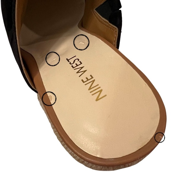 NINE WEST Rare Wedge Suede Mules Platform Cross Stitch Sandals Black Tan 8.5M - Picture 12 of 17